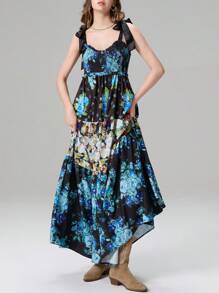 Women Summer Floral Spaghetti Strap Dress Tie-Up Shoulder Sleeveless Dresses Long Dress Big Swing A-Line Dress - Navy Blue - View 3