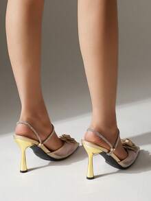 Zapatos de mujer de tacón alto con puntera puntiaguda, estilo de pierna larga con tacón de aguja y pedrería - Dorado - Ver 5