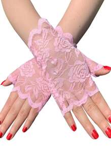 1 Pair Lace Gloves, Summer Casual Women Driving Sunscreen Half Finger Scar Cover Short Sailor Dance Performance Rose Elegant Polyester Embroidery Gloves, Suitable For Beach, Outing, Sports, Evening, Party, Wedding, Office, Holiday, Birthday, Family, Mature Stage Performance, Single Party, Social Events, Spring, Summer, Autumn, Winter - White - View 4