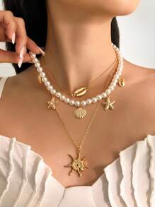 3 件复古时尚波西米亚风格金属海星贝壳吊坠流苏项链套装，巴洛克仿珍珠串珠项链，适合女性日常穿着和海滩度假装饰首饰套装