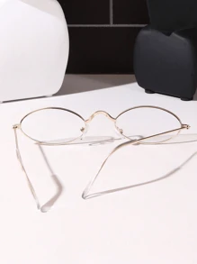 1pc Oval Small Frame Eyeglasses, Vintage Style Plain Decorative Glasses, Gold/Silver Frame