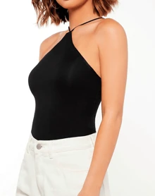 Solid Fitted Cami Top, Going Out Top, Strappy A-Line Blouse, Fashion Blogger - 黑色 - 查看 3