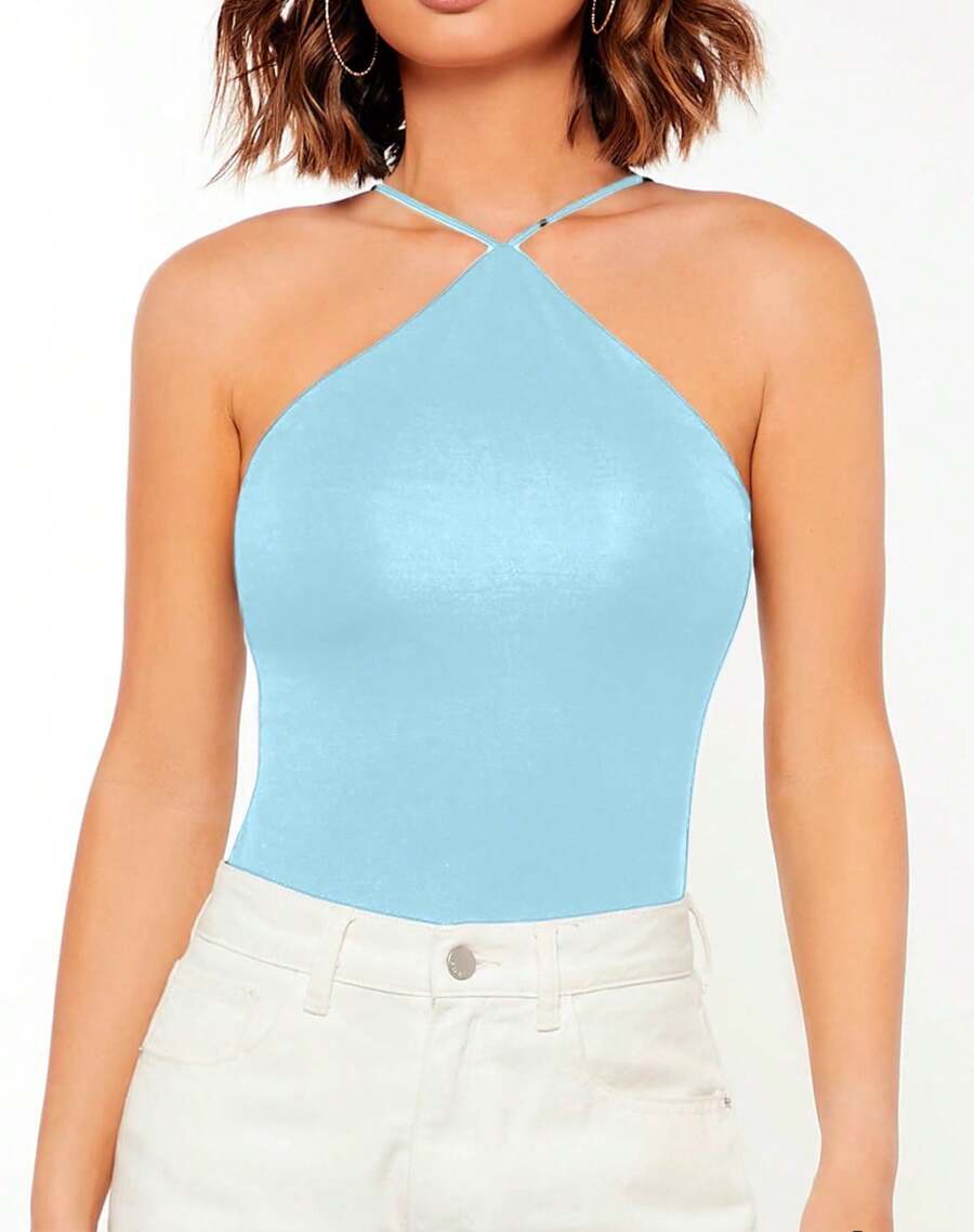 Solid Fitted Cami Top, Going Out Top, Strappy A-Line Blouse, Fashion Blogger - Blue - View 1