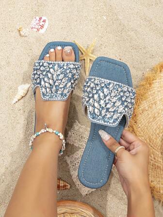 New Fashion Women Flat Sandals, Crystal Embellished Square Toe, Comfortable Soft Non-Slip Bottom, Suitable For Beach, Travel, Party, Plus Size