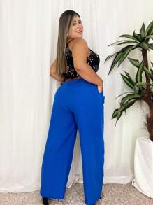 Women's Plus Size Pants With Belt Tailored Formal Pantaloons - Royal Blue - View 3