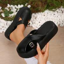 Soft Leather Thick Sole Slide Sandals, Women Summer New Retro Fashion Outdoor Slip-On Closed Toe Slippers - Black - View 1
