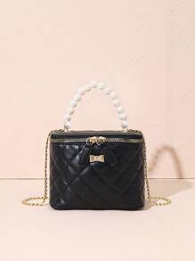 Pearl Handbag, Quilted Embroidered Rhombus Pattern Crossbody Bag, Shoulder Bag, Butterfly Metal Decor, Coin Purse, Suitable For Daily Use, Party, And Gift Giving, Available In Multiple Sizes - Black - View 2