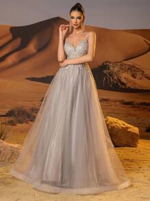 Contrast Lace Mesh Cami Prom & Evening Dresses Sparkly Lace Prom Dresses With Embroidered Spaghetti Strap Homecoming Dresses For Teens Rhinestone Lace Applique A Line Formal Evening Dresses Floor Length Mesh Ball Gown For Party Zipper Back, For Wedding Guest