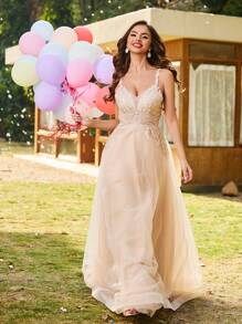 Contrast Lace Mesh Cami Prom & Evening Dresses Sparkly Lace Prom Dresses With Embroidered Spaghetti Strap Homecoming Dresses For Teens Rhinestone Lace Applique A Line Formal Evening Dresses Floor Length Mesh Ball Gown For Party Zipper Back, For Wedding Guest - Khaki - View 5