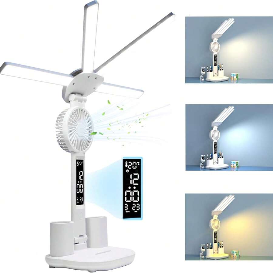New LED Desk Lamp With Fan, Desk Lamp For College Dorm Room, Desk Lamp With USB Charging Port, Adjustable And Dimming LED Four-Head Desk Light With Clock, Date, Pen Holders, Temperature