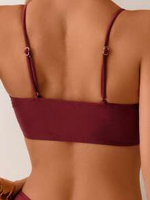 2pcs/Set Solid Color Shiny Fabric Double Loop Decor Sexy, Stretchy Swimwear For Women, Beachwear