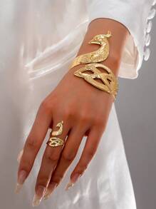 2 件时尚个性化夸张孔雀手链和戒指套装，适合女性派对佩戴 - 金黃色 - 查看 1