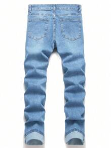 男式口袋破洞弹力休闲牛仔裤 - 淺色水洗藍 - 查看 2