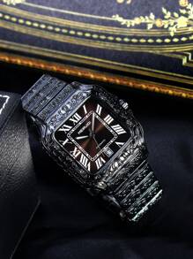 1pc Men's Black Steel Band Fashion Retro Engraved Square Dial Roman Numeral Automatic Mechanical Watch