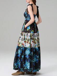 Women Summer Floral Spaghetti Strap Dress Tie-Up Shoulder Sleeveless Dresses Long Dress Big Swing A-Line Dress - Navy Blue - View 7