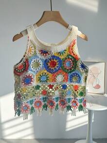 Áo khoác dệt kim tua rua thiết kế tương phản màu sắc cổ điển thời trang dành cho nữ, thích hợp cho kỳ nghỉ hè. - Nhiều màu - Xem 3