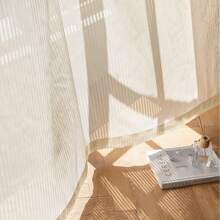 1pc White Vertical Pleated Sheer Curtain For Living Room, Kitchen Cabinet, Rod Pocket, Home Decor