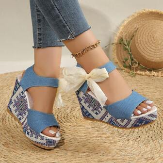 Women's Floral Wedge Sandals - Thick Bottom, Open Toe, Comfortable Wedge Sandals With Beautiful Floral Print, Suitable For Spring/Summer Beach And Casual Wear, Casual Shoes | Floral Print Sandals | Rubber Sole Sandals