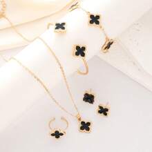 5pcs/Set Oil Drop Four-Leaf Clover Necklace, Bracelet, Ring, Earrings Jewelry Set For Women - Multicolor - View 5