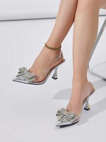 Zapatos de tacón alto con punta puntiaguda y lazo con strass para mujer, tacón cerrado sexy, zapatos formales cómodos para fiesta/boda/cita, adecuados para otoño/invierno, color plateado, elegantes, bombas de mujer, mule - Plateado - Ver 3
