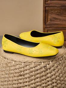 WHDXY 1 Pair Dragonfly Embroidered Women's Soft Bottom Square Toe Flat Slip-On Shoes, Comfortable Professional Work Shoes, French Elegant Mary Janes, Suitable For Spring & Autumn