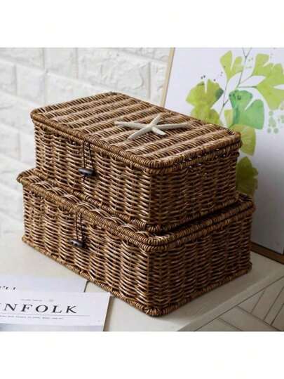 1pc Synthetic Rattan Woven Covered Storage Box Dustproof Desktop Organizer Household Storage Basket