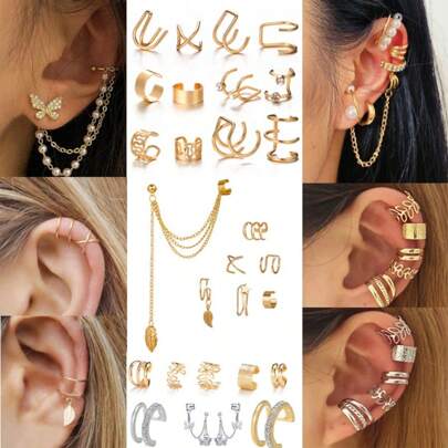 1-12pcs Creative Minimalist No Piercing Ear Cuff, Personalized Gold Leaf Hollow Layer Ear Clip Set