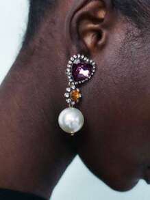 Pendientes de aro con forma de corazón con Rhinestones y perlas falsas, un accesorio de lujo elegante para mujer. Pendientes de Charm francés, accesorios de fiesta y diarios para damas, joyería de moda, regalos para mejores amigas
