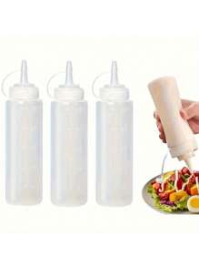 3pcs 4oz Squeeze Bottles With Plastic Cap And Measuring Tool, Rotating Dispenser Containers For Ketchup, Mustard, BBQ Sauce, Salad Dressing, Olive Oil, Suitable For Restaurants