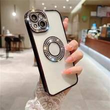 1 pieza Funda de teléfono con textura de CD enchapada, diseño de bisel transparente, lente de cámara con rhinestones, TPU suave, compatible con la serie de teléfonos inteligentes Apple - Negro - Ver 4