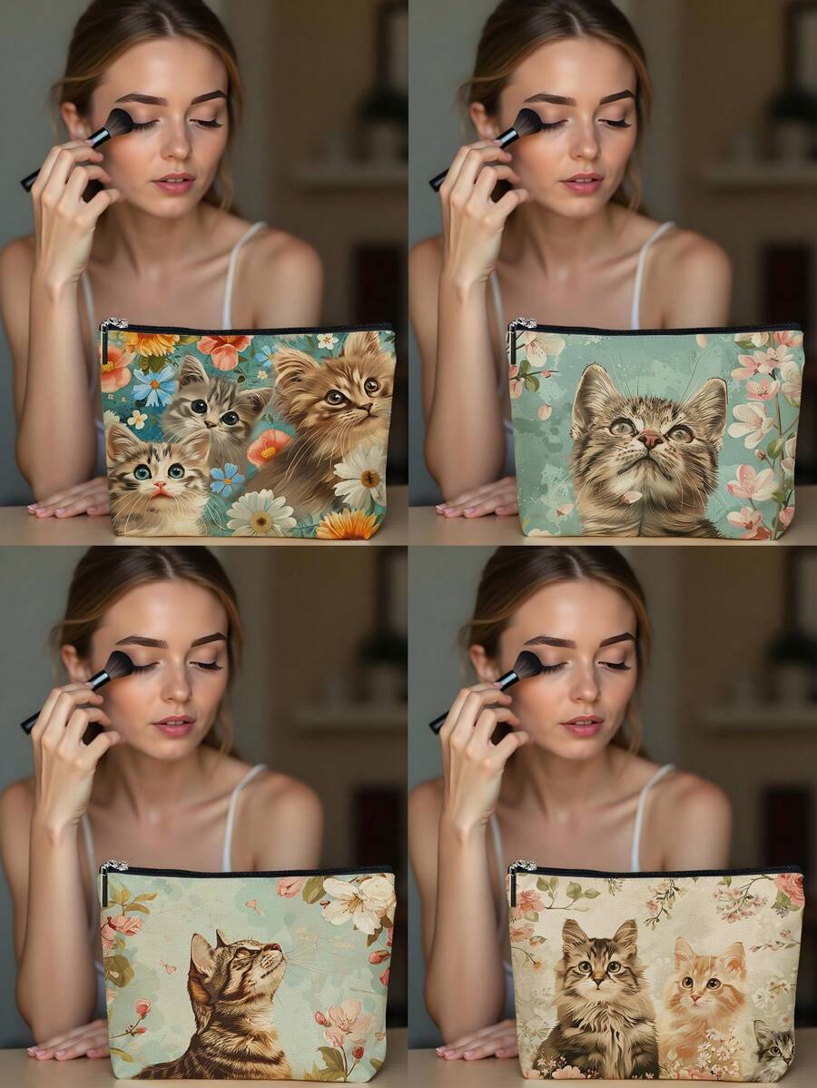 1 件彩色花卉猫抽象亚麻印花化妆包，可爱旅行化妆包和多用途零钱包，轻便女性必备礼物
