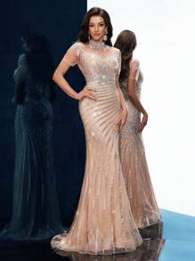 QOQ Váy dài cổ đứng đính sequin màu sâm panh cho tiệc tối trang trọng, tiệc cocktail, tiệc chiêu đãi, tiệc tối, tiệc cưới - Rượu sâm banh - Xem 1