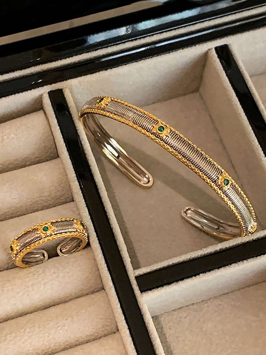 复古双色镀方晶锆石条纹手链和戒指套装，适合女性日常佩戴