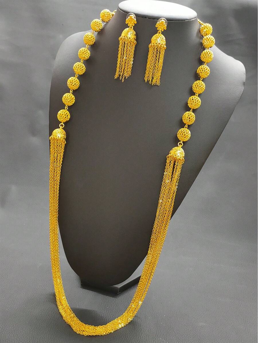 2pcs Luxury Gold Tassel Necklace & Earrings Set, Bridal Jewelry Accessories, Perfect For Wedding, Prom, Festivals, Valentine's Day, Mother's Day, Party, And More,Mom,Mother,Mother's Day,Gift - Yellow Gold - View 1