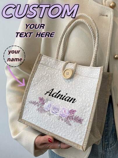 Customized Name Print Easter Bunny Pattern Tote Bag, Large Capacity Linen Shopping Bag, Suitable For Girls, Teenagers, Daily Travel, Beach Vacation, Best Gift For School, Birthday, College, Work, Business, Commuting, Outdoor Activities, Christmas For Teachers