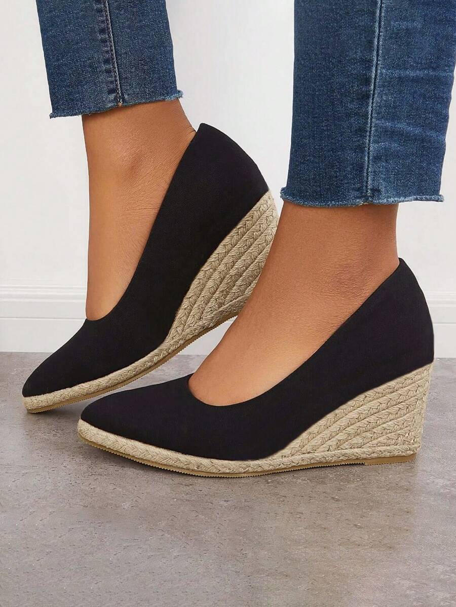 Women's Platform Espadrilles Wedge Sandals Slip On Solid Color Closed Pointed Toe Comfortable Wedge Pumps Shoes - Black - View 1