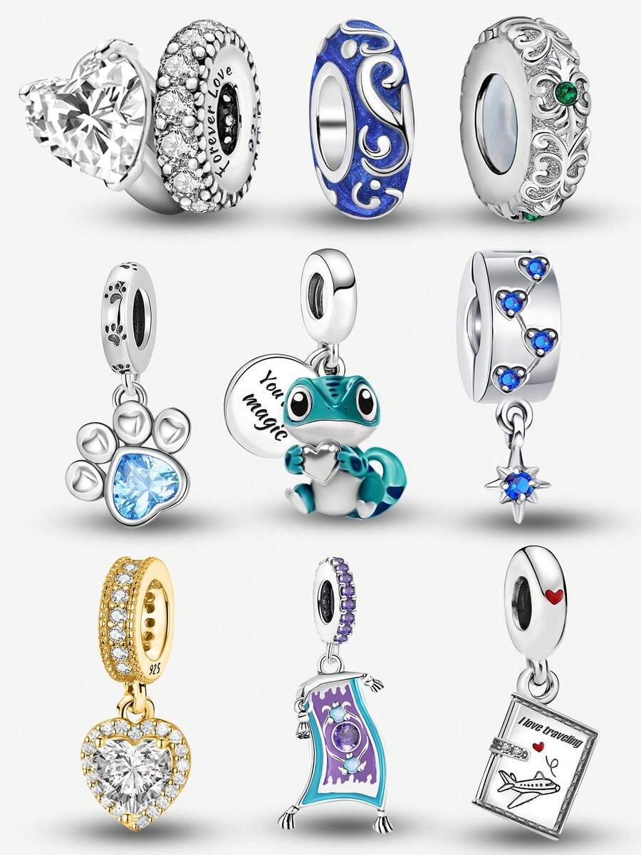 1件925纯银时尚爪印心形蜥蜴旅行日记吊坠，适合女士手链、手镯DIY首饰制作和日常穿搭搭配 - 串珠 - 查看 1