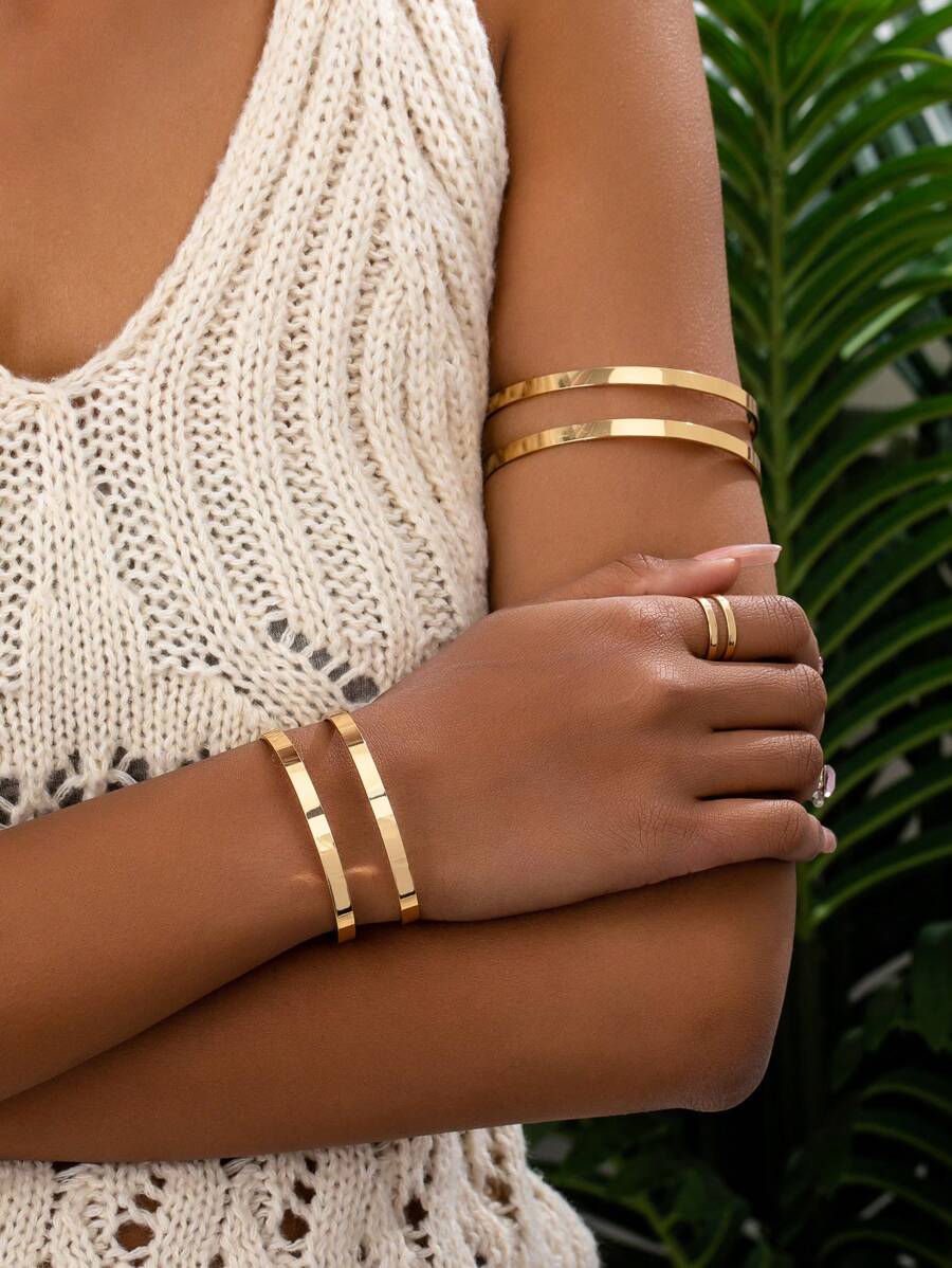 3 件/套女士几何镂空金合金手链和戒指首饰套装，优雅时尚，适合送礼、聚会、日常佩戴 - 金黃色 - 查看 1