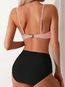 1 件女式花卉印花性感衬垫比基尼泳装，图案随机 - 粉加黑 - 查看 2