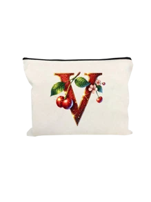 Witte make-uptas van polyestervezel, kleine witte tas, glanzend gouden kersenrode letters A-Z bedrukt patroon, make-uptas, draagbare toilettas, Moederdagcadeau, perfect cadeau voor moeders, herbruikbare make-uptas, eenvoudige grote capaciteit reismake-uptas voor vrouwen, oortelefoon, datakabel, accessoire-opslag, muntzak, multifunctioneel draagbaar cadeau voor vrouwen
