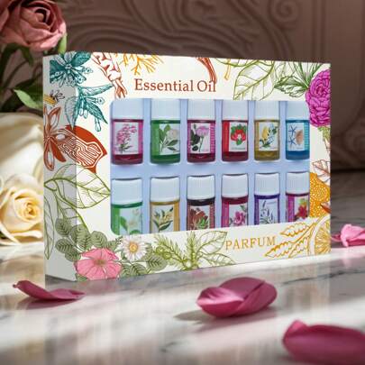 12pcs/Box 3ml (0.101fl.Oz) Mini Size Waterbase Fragrance Essential Oil Set, Includes 12 Scents (Rose, Lavender, Cherry Blossom, Ocean, Osmanthus, Sandalwood, Jasmine, Lemon, Snow Lotus, Cologne, Osmanthus, Strawberry), Suitable For Candle Making, Aroma Diffuser, Birthday, Valentine's Day, Christmas Gift