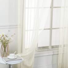 Set Of Two (2) Sheer Window Curtains Panels With Rod Pocket Drape Set Multiple Lengths (63", 84", 95", 108", 120" L) Solid Colors - Beige - View 3