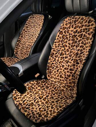 Winter Plush Leopard Print Car Seat Cushion Set - 3-Piece Warm And Cozy Seat Covers For Winter, Designed For Girls, Featuring Soft And Comfortable Faux Fur Material, Universal Fit For Front And Rear Car Seats, Stylish And Protective Auto Interior Accessories