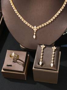 5 قطع طقم مجوهرات أنيق ورفيع للعروس مرصع بأحجار الزركونيا البلورية كاملة ،طقم مجوهرات عصري للحفلات للنساء