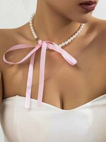 1pc Women Pearl Embellished Pink Ribbon Choker Necklace - Pink - View 1