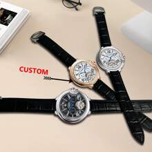 [Custom] KUERST Brand Latest Hot Selling Sun & Moon Star Men's Leather Belt Automatic Mechanical Flywheel Day-Date Watch, Fashionable Business Casual Wristwatch Suitable For Holidays And Various Occasions