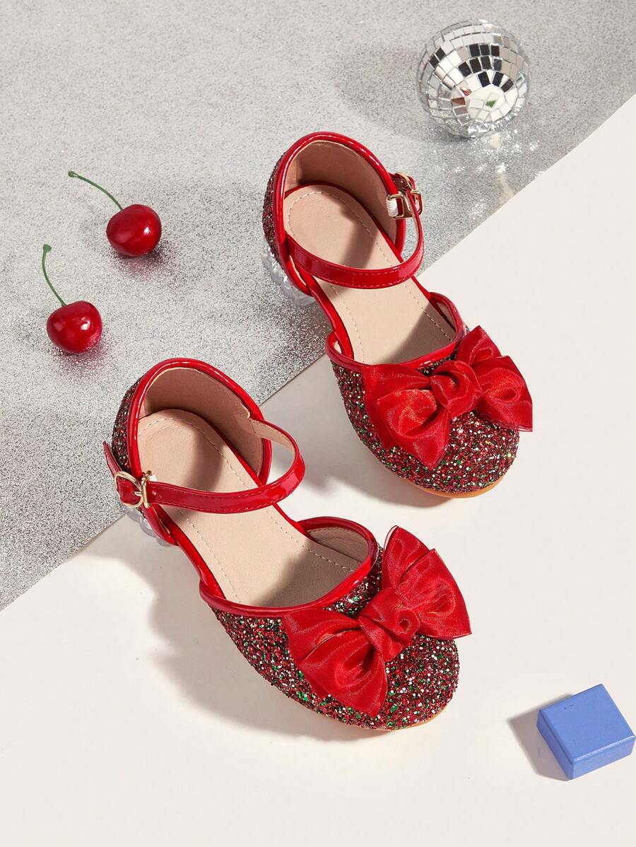 1 Pair Girls' Bow Glitter High Chunky Heel Hollow Comfortable Elegant Versatile New Princess Shoes, Suitable For Spring, Summer, Autumn - Red - View 1