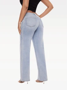 ONESO Mid-Low Rise Baggy Jeans Wide Leg Distressed Denim Pants Stretchy Plus Size - Light Blue - View 3