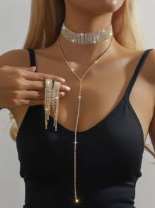 Juego de 3 piezas de estilo elegante de lujo, collar con forma de Y de varias capas y pendientes a juego en negro y blanco con flecos largos, decorados con brillantes rhinestones, apropiado para novias, accesorio exquisito para fiestas y bodas, regalo ideal