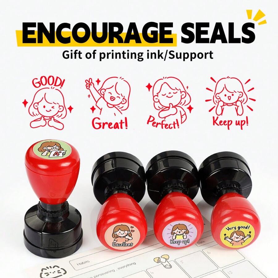 1 套教师印章，印有彩色励志短语，用于评分、家庭作业、课堂管理 - ABS 材质 - 适合学校和办公室使用